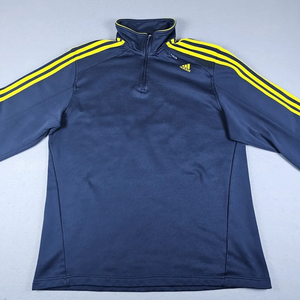 Adidas 1/4 Zip Sweatshirt Mens Large Navy Blue Yellow Pullover Mock Neck Fleece